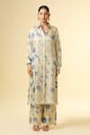 Paulmi And Harsh_Beige Cotton Embroidery Collared Lotus Print Shirt Tunic And Pant Set_Online_at_Aza_Fashions