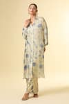 Paulmi And Harsh_Beige Cotton Embroidery Collared Lotus Print Shirt Tunic And Pant Set_at_Aza_Fashions