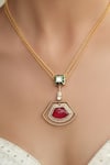 Shop_Joules by Radhika_Red Stones Gold Finish Anchor Pendant Necklace_at_Aza_Fashions
