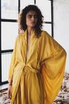 Shop_ituvana_Yellow Cotton Fringe Detail Tie-up Robe Set _at_Aza_Fashions