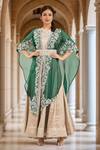 Buy_Prisho_Green Silk Gota Patti, Embroidery V-neck Floral Cape And Anarkali Set _at_Aza_Fashions