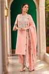 Buy_Prisho_Peach Cotton Embroidery Mandarin Collar Floral Paisley Kurta Set _at_Aza_Fashions