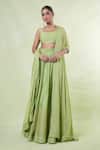 Shop_Naintara Bajaj_Green Chanderi, Chiffon Square Neck Woven Butti Lehenga Set 