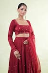 Buy_Samyukta Singhania_Red Faux Leather, Organza Mirrors Square Neck Mukaish Work Velvet Lehenga Set 