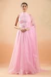 Shop Naintara Bajaj Pink Organza Applique, Embroidery, Beads High Neck Floral Lehenga Set Online at Aza Fashions Shop_Naintara Bajaj_Pink Organza Applique, Embroidery, Beads High Neck Floral Lehenga Set _Online_at_Aza_Fashions