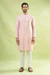 Arihant Rai Sinha_Pink Cotton Linen Blend Embroidery Geometric Mandarin Collar Kurta _Online_at_Aza_Fashions