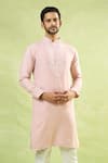 Buy_Arihant Rai Sinha_Pink Cotton Linen Blend Embroidery Geometric Mandarin Collar Kurta _Online_at_Aza_Fashions