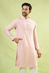 Shop_Arihant Rai Sinha_Pink Cotton Linen Blend Embroidery Geometric Mandarin Collar Kurta _Online_at_Aza_Fashions