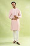 Arihant Rai Sinha_Pink Cotton Linen Blend Embroidery Geometric Mandarin Collar Kurta _at_Aza_Fashions