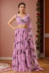 Buy_Naintara Bajaj_Purple Chiffon Zari, Embroidery V-neck Floral Print Lehenga Set _at_Aza_Fashions