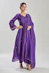 Shop_Samyukta Singhania_Purple Kurta And Pant Upada Silk Hand Embroidery Floral V Neck Zari Set _Online_at_Aza_Fashions