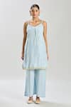 Samyukta Singhania_Gray Organza, Silk Sequins, Embroidery V-neck Floral Kurta Set _at_Aza_Fashions
