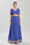 Samyukta Singhania_Blue Georgette Lace V-neck Embellished Leheriya Lehenga Set _at_Aza_Fashions