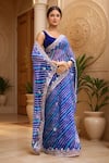 Samyukta Singhania_Blue Kota Doria Patti, Embroidery Leheriya Pattern Saree With Blouse Piece_at_Aza_Fashions