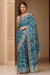 Buy_Samyukta Singhania_Blue Georgette Cut Work, Zari Round Neck Zardozi Embroidered Gharchola Saree Set_at_Aza_Fashions