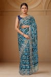 Buy_Samyukta Singhania_Blue Georgette Cut Work, Zari Round Neck Zardozi Embroidered Gharchola Saree Set_Online_at_Aza_Fashions