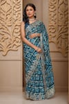 Shop_Samyukta Singhania_Blue Georgette Cut Work, Zari Round Neck Zardozi Embroidered Gharchola Saree Set_Online_at_Aza_Fashions