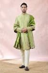 Shop_Masaba_Green Silk, Viscose, Jacquard Embroidery The Pista Barfi Sherwani And Pant Set _Online_at_Aza_Fashions