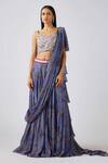 Buy_Basanti - Kapde Aur Koffee_Silver Chiffon Pearls, Embroidery Floral Print Pre-draped Lehenga Saree Set_at_Aza_Fashions