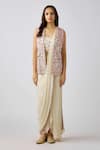 Buy_Basanti - Kapde Aur Koffee_Ivory Chiffon Sequins, Embroidery Floral Vine Jacket Pre-draped Saree_at_Aza_Fashions