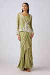 Basanti - Kapde Aur Koffee_Green Chiffon Cut Work, Sequins, Pearls, Embroidered Ruffle Saree And Jacket Set _Online_at_Aza_Fashions