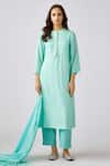 Basanti - Kapde Aur Koffee Blue Muslin Cut Work Round Neck Embellished Aqua Kurta Pant Set Online at Aza Fashions Basanti - Kapde Aur Koffee_Blue Muslin Cut Work Round Neck Embellished Aqua Kurta Pant Set _Online_at_Aza_Fashions