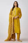 Buy_Basanti - Kapde Aur Koffee_Yellow Muslin Cut Work Round Neck Embellished Mustard Kurta Set_at_Aza_Fashions