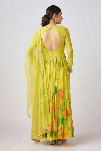 Shop_Basanti Kapde aur Koffee_Yellow Georgette Mirrors, Beads V-neck Blossom Print Anarkali Set With Dupatta _at_Aza_Fashions