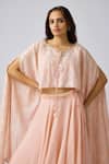 Basanti - Kapde Aur Koffee_Pink Cotton Embroidery Round Neck Thread Bloom Cape And Skirt Set _Online_at_Aza_Fashions
