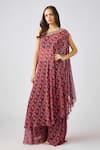 Buy_Basanti - Kapde Aur Koffee_Purple Georgette Beads, Mirrors Asymmetric Geometric Print Cape Sharara Set _at_Aza_Fashions