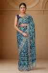 Buy_Samyukta Singhania_Blue Georgette Cut Work, Zari Round Neck Zardozi Embroidered Gharchola Saree Set