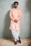Buy_Arihant Rai Sinha_Peach Silk, Jacquard, Pashmina Embroidery Floral Woven Sherwani Set _at_Aza_Fashions