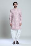 Aryavir Malhotra_Pink Rayon, Silk Sequins, Embroidery Sherwani Set _Online_at_Aza_Fashions