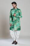 Shop_Arihant Rai Sinha_Green Jacquard, Silk Embroidery Floral Woven Sherwani Set_Online_at_Aza_Fashions