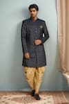 Buy_Arihant Rai Sinha_Blue Jacquard, Silk Embroidery Geometric Sherwani Set _at_Aza_Fashions