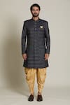 Arihant Rai Sinha_Blue Jacquard, Silk Embroidery Geometric Sherwani Set _Online_at_Aza_Fashions