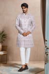 Buy_Arihant Rai Sinha_White Silk, Jacquard Chevron Woven Sherwani Set _at_Aza_Fashions