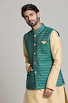 Buy_Arihant Rai Sinha_Green Jacquard Geometric Pattern Nehru Jacket _Online_at_Aza_Fashions