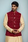 Buy_Arihant Rai Sinha_Maroon Velvet Embroidery, Sequins Floral Nehru Jacket _at_Aza_Fashions