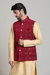 Buy_Arihant Rai Sinha_Maroon Velvet Embroidery, Sequins Floral Nehru Jacket _Online_at_Aza_Fashions