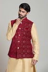 Shop_Arihant Rai Sinha_Maroon Velvet Embroidery, Sequins Floral Nehru Jacket _Online_at_Aza_Fashions