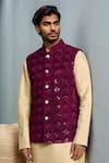 Buy_Arihant Rai Sinha_Wine Velvet Sequins Geometric Thread Embroidered Nehru Jacket _at_Aza_Fashions