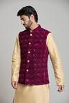 Shop_Arihant Rai Sinha_Wine Velvet Sequins Geometric Thread Embroidered Nehru Jacket _Online_at_Aza_Fashions