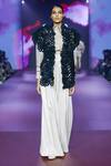Pankaj & Nidhi_Black Tulle, Silk Organza, Twill Sequins, Floral Cutwork Jacket And Trouser Set _Online_at_Aza_Fashions