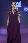Pankaj & Nidhi_Purple Viscose Satin Cutwork Floral Jumpsuit Plunge Yoke _Online_at_Aza_Fashions