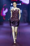 Shop_Pankaj & Nidhi_Burgundy Satin Sequins, Embroidery Asymmetric Floral Cutwork Harness Top _Online_at_Aza_Fashions