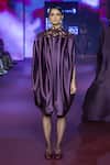 Shop_Pankaj & Nidhi_Purple Twill Cut Work Open Neck Link Pleated Midi Dress _at_Aza_Fashions