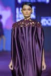 Pankaj & Nidhi_Purple Twill Cut Work Open Neck Link Pleated Midi Dress _Online_at_Aza_Fashions