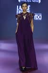 Buy_Pankaj & Nidhi_Purple Crepe Embroidery V-neck Rasin Solid Flared Jumpsuit _at_Aza_Fashions