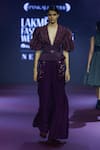 Buy_Pankaj & Nidhi_Purple Tulle Embellished Cutdana Plunge V Neck Roseate Applique Floral Crop Top _at_Aza_Fashions